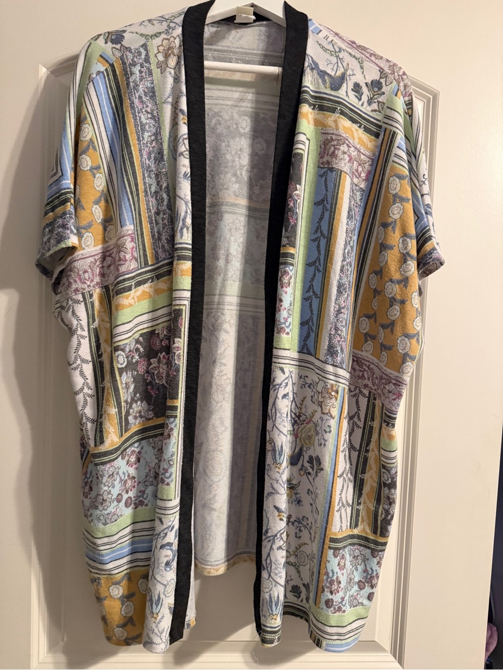 7th Ray Multicolor Patchwork Open-Front Shirt Jacket with Black Trim